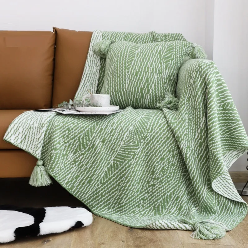 

Nordic Knitted Blanket with Tassels Green Decorative Textured Blankets for Sofa Bed Throw Lightweight Chunky Knit Throw Plaids