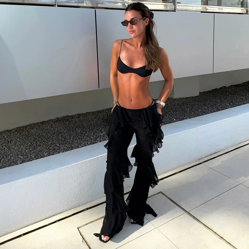 Chic Women's Solid Cascading Ruffles Flare Pants Chiffon High Waist Female Black Trousers 2026 Summer Lady All-match Trouser New