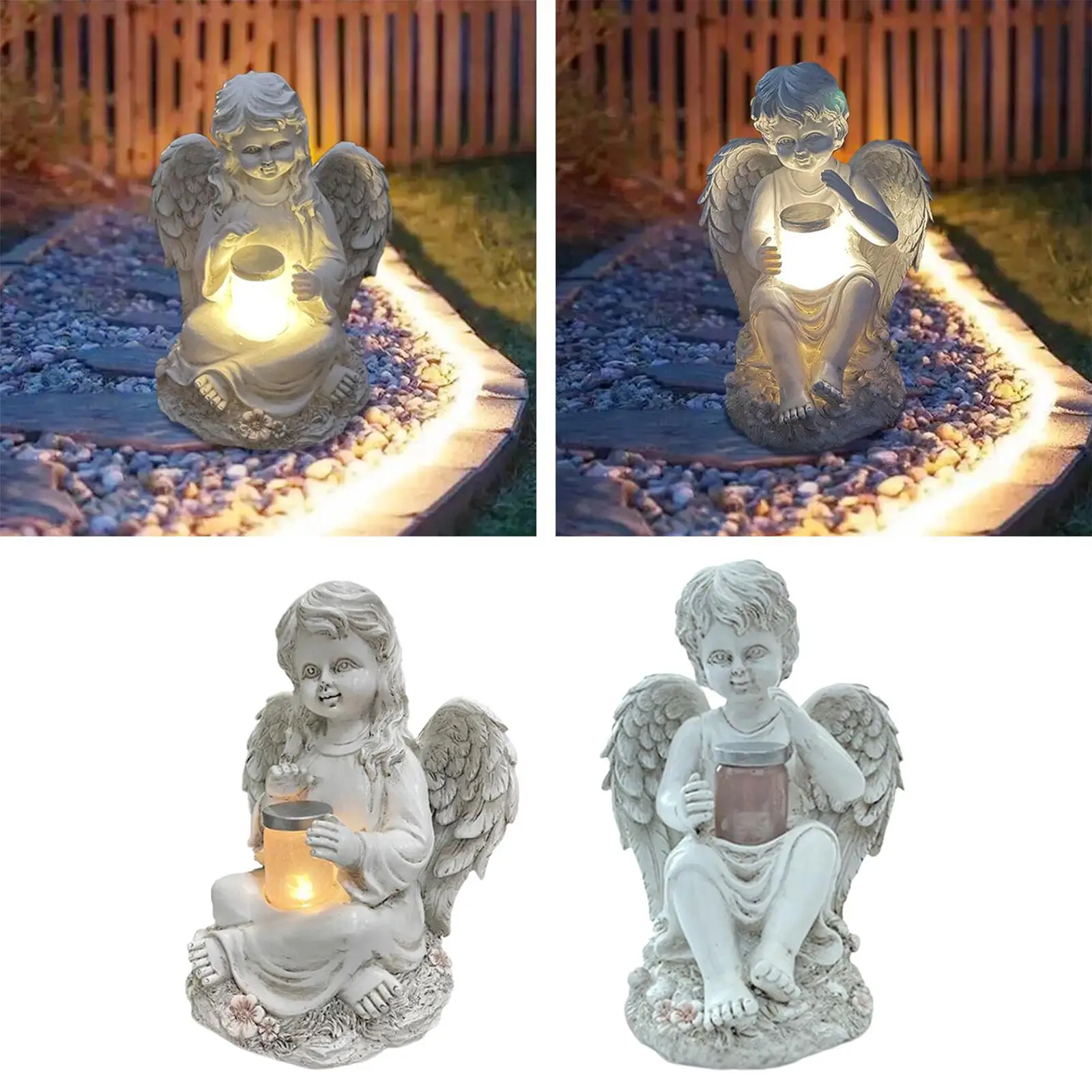 Resin Angel Statue Solar Powered LED Light Flower Bed Yard Outdoor Sculpture