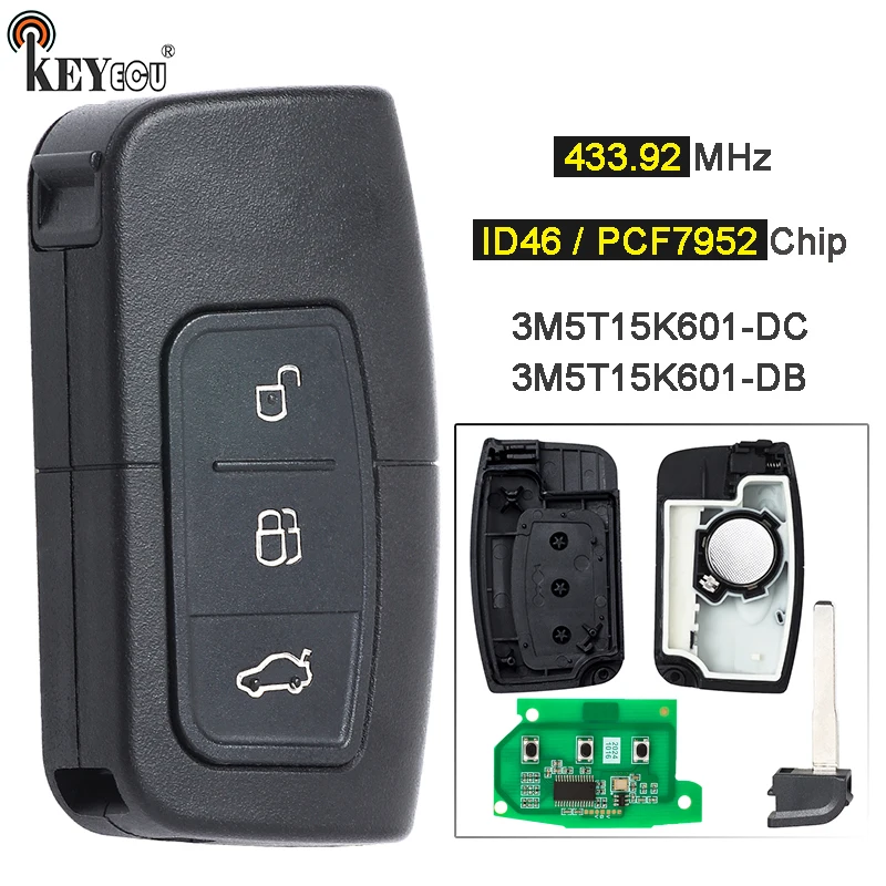 

KEYECU 433.92MHz ID46 / PCF7952 Chip 3M5T15K601-DC 3M5T15K601-DB Remote Key Fob for Ford C-Max Focus MK2 Kuga Mondeo Galaxy