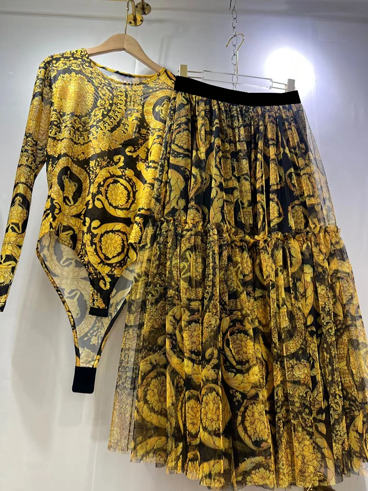 Combinaison en tricot à imprimé géométrique rétro, élastique, une pièce, deux pièces, robe pour femme printemps + jupe en gaze ample, ensemble tendance
