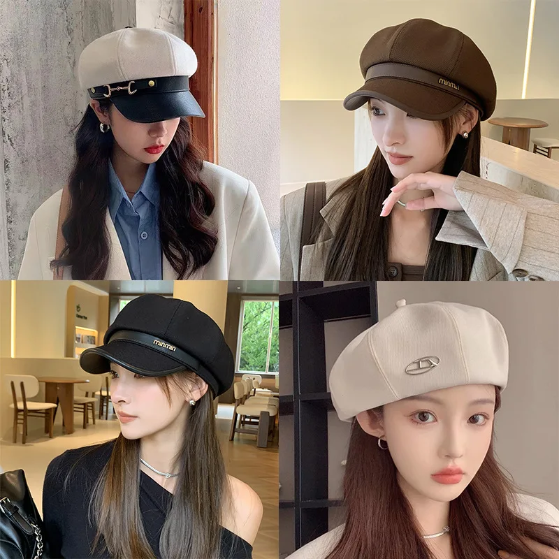 English Style Leather All-Over Painter's Beret Hat With Big Head And Autumn/Winter Cap Cap All-Over Leather Buckle Octagon Ha