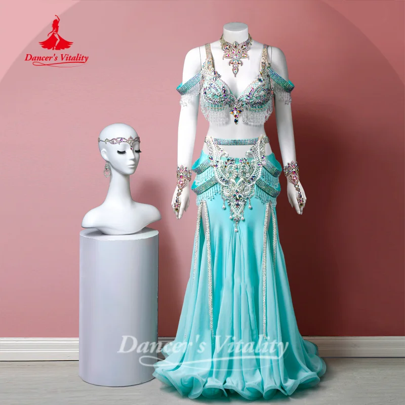 BellyDance Costume for Women's Customized Exquisite Pearls AB Stones Bra+Long Skirt 2pcs Competition Clothing Dance's Vitality