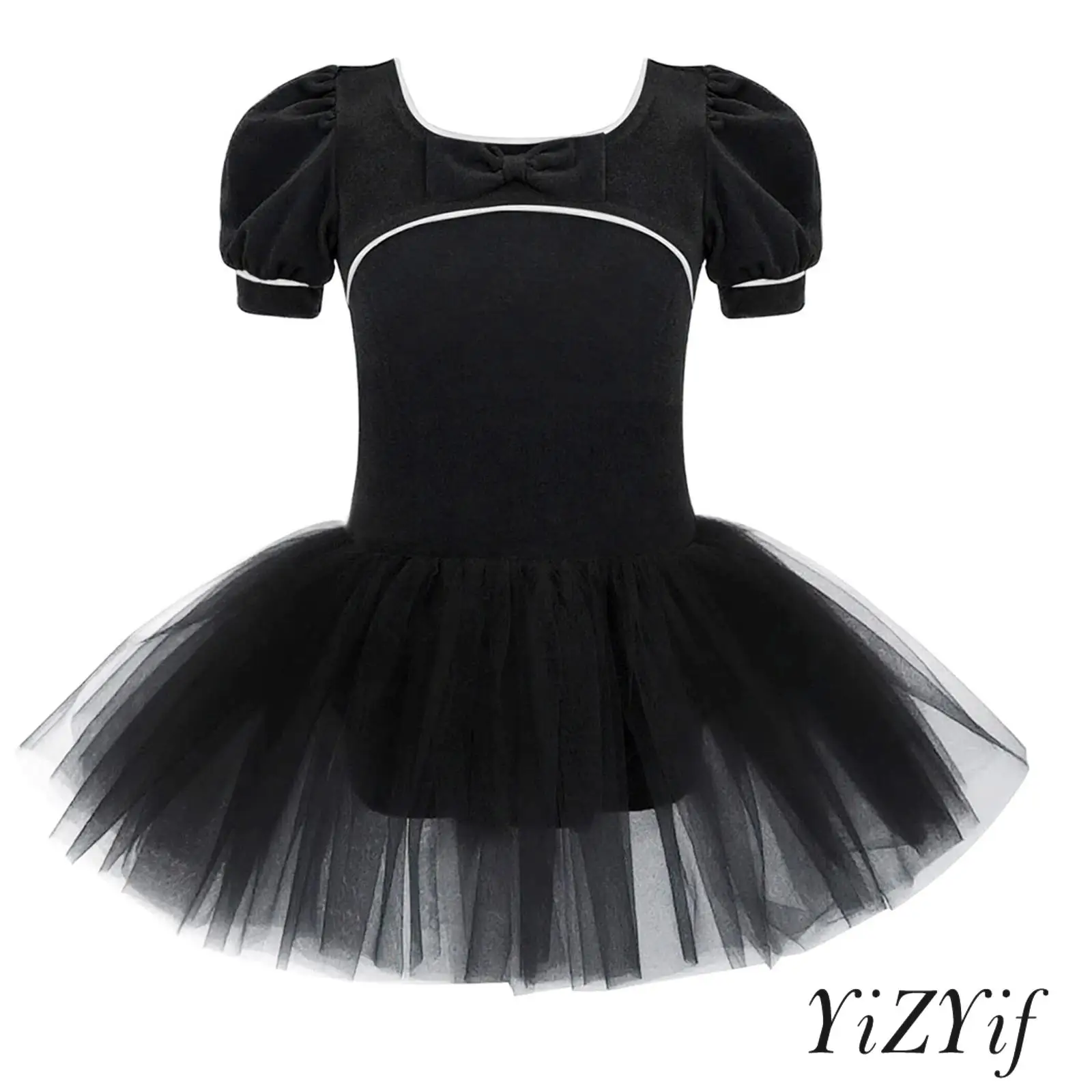 

Children Girls Modern Lyrical Dance Dress Bow Short Puff Sleeves Velvet Tulle Ballet Dance Dress Ice Skating Ballet Dancewear