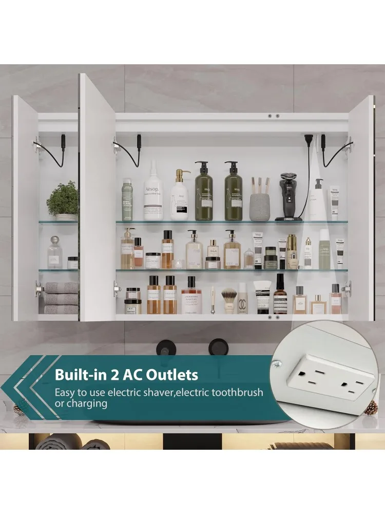 ミラーとLEDライト付き薬キャビネット、収納付き壁掛けバスルームミラー、2ドアバスルームウォールキャビネット、Mem