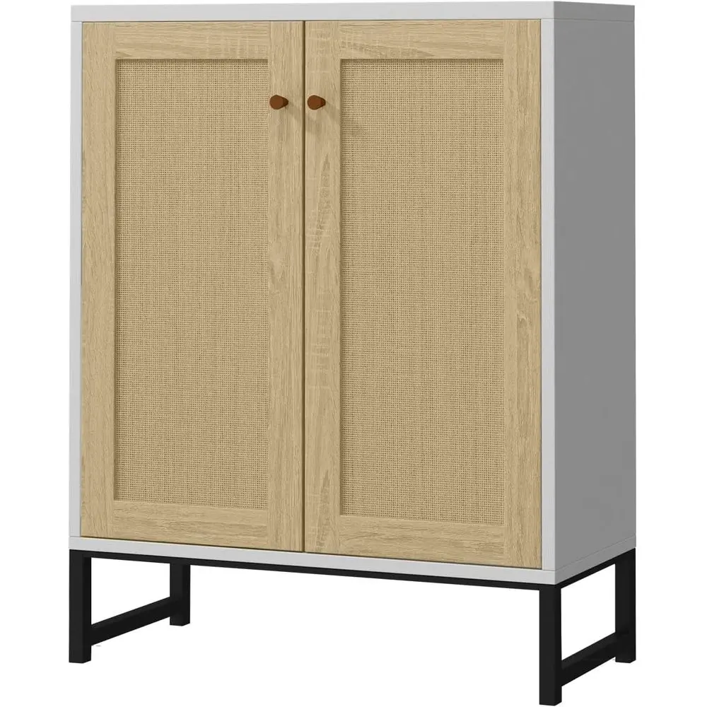 Rattan Decorated 2 DoStorage Cabinet Accent Cabinet Living Room Cupboard Kitchen Sideboard Buet Table (White)