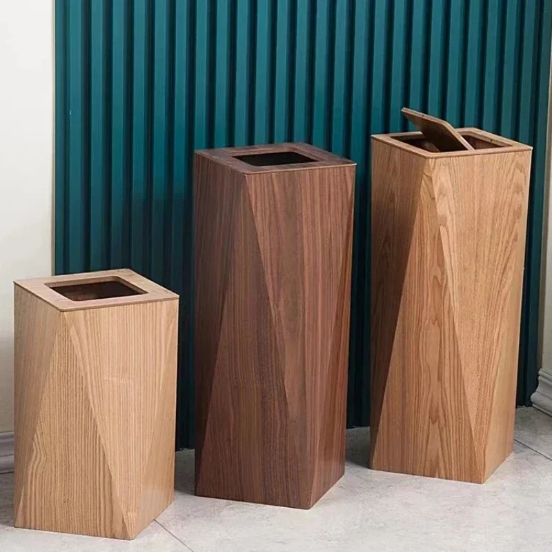 Creative Wooden Trash Bin with Cover Nordic Luxury Bathroom Trash Can Hotel and Home Waste Disposer