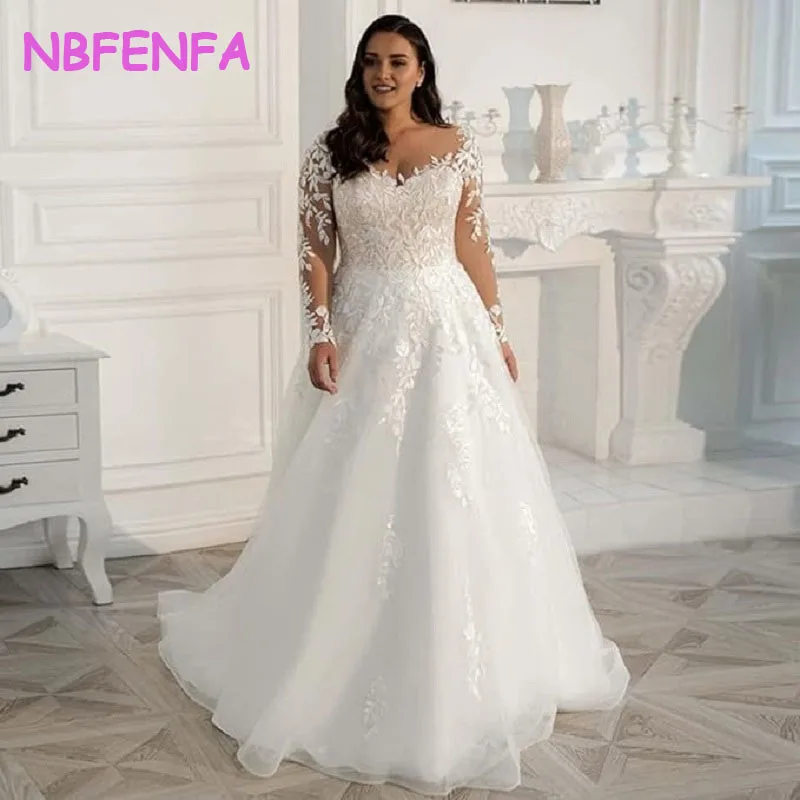 

NBFENFA Plus Size Wedding Dresses Elegant Long Sleeves Lace Bridal Dress 2024 for Women Applique Robe De Mariée Wedding Gowns