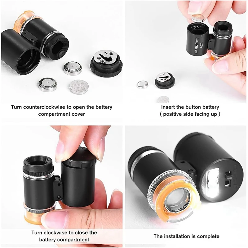 2 Set 60X Mini Pocket Microscope Jewelers Eye Loupe With LED UV Light Portable Magnifying Glass A