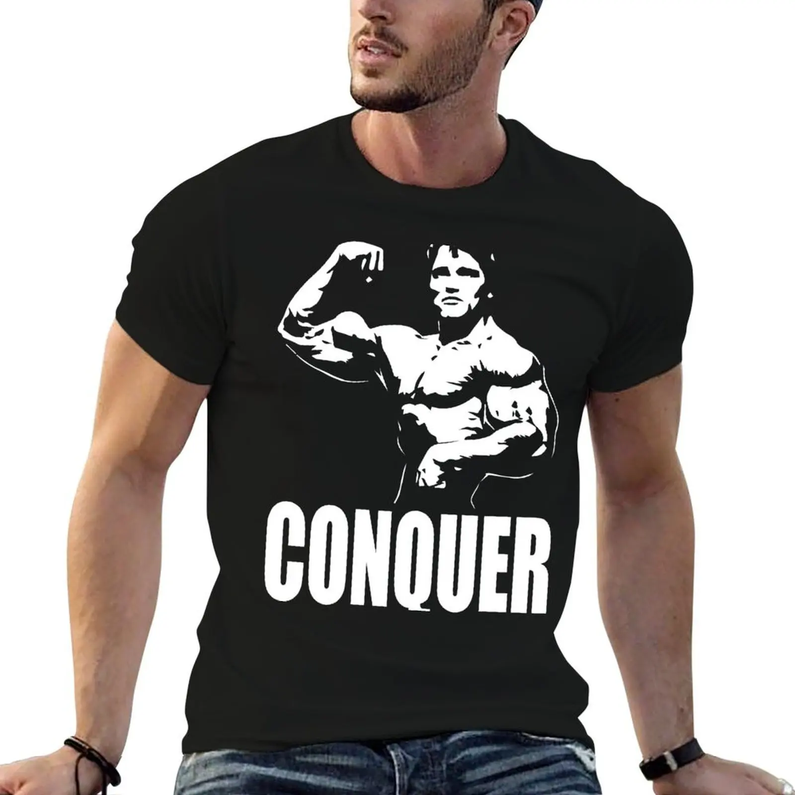 CONQUER (Arnold Single Bicep Flex) T-shirt décontracté à manches courtes coupe décontractée