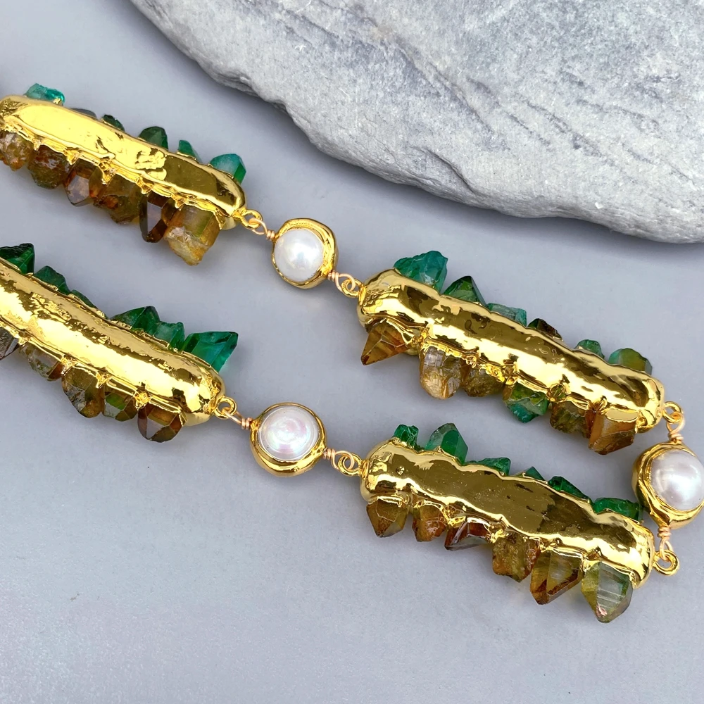 

YYGEM white potato pearl Green Brown Quartz Rough Druzy connector White Pearl Short Collar Choker Statement Necklaces