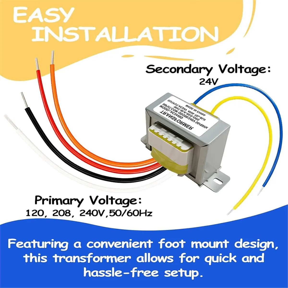A75K 24V 40VA Control Transformer with Foot Mount for HVAC Furnace,Primary Voltage 120/208/240V 50-60hz Secondary 24V