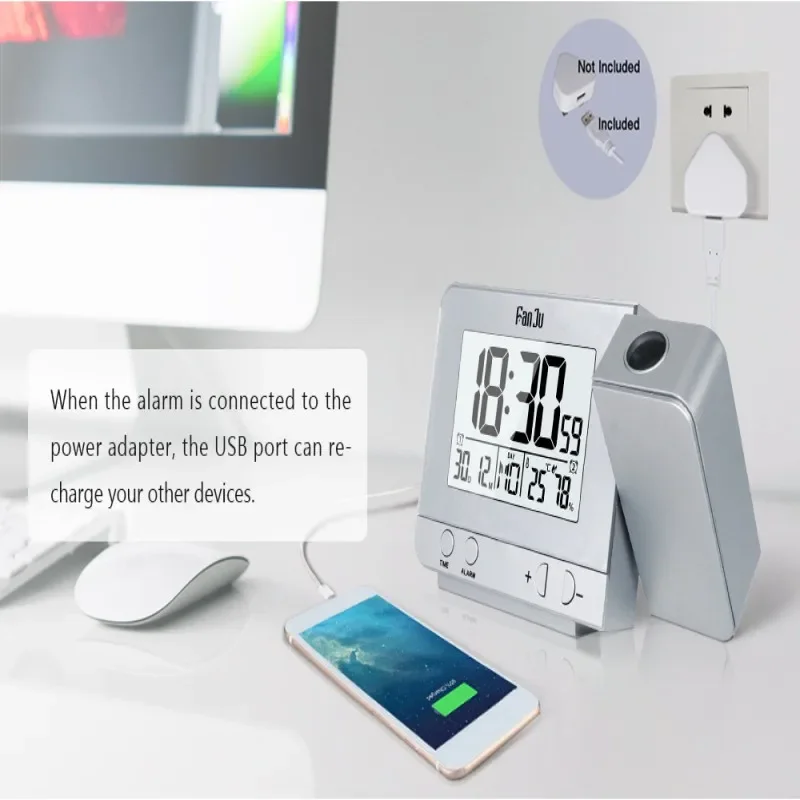 Creative Electronics Desktop Time/Weather Temperature Projection LED Large Screen Display USB Charger Home Plug-in Clock