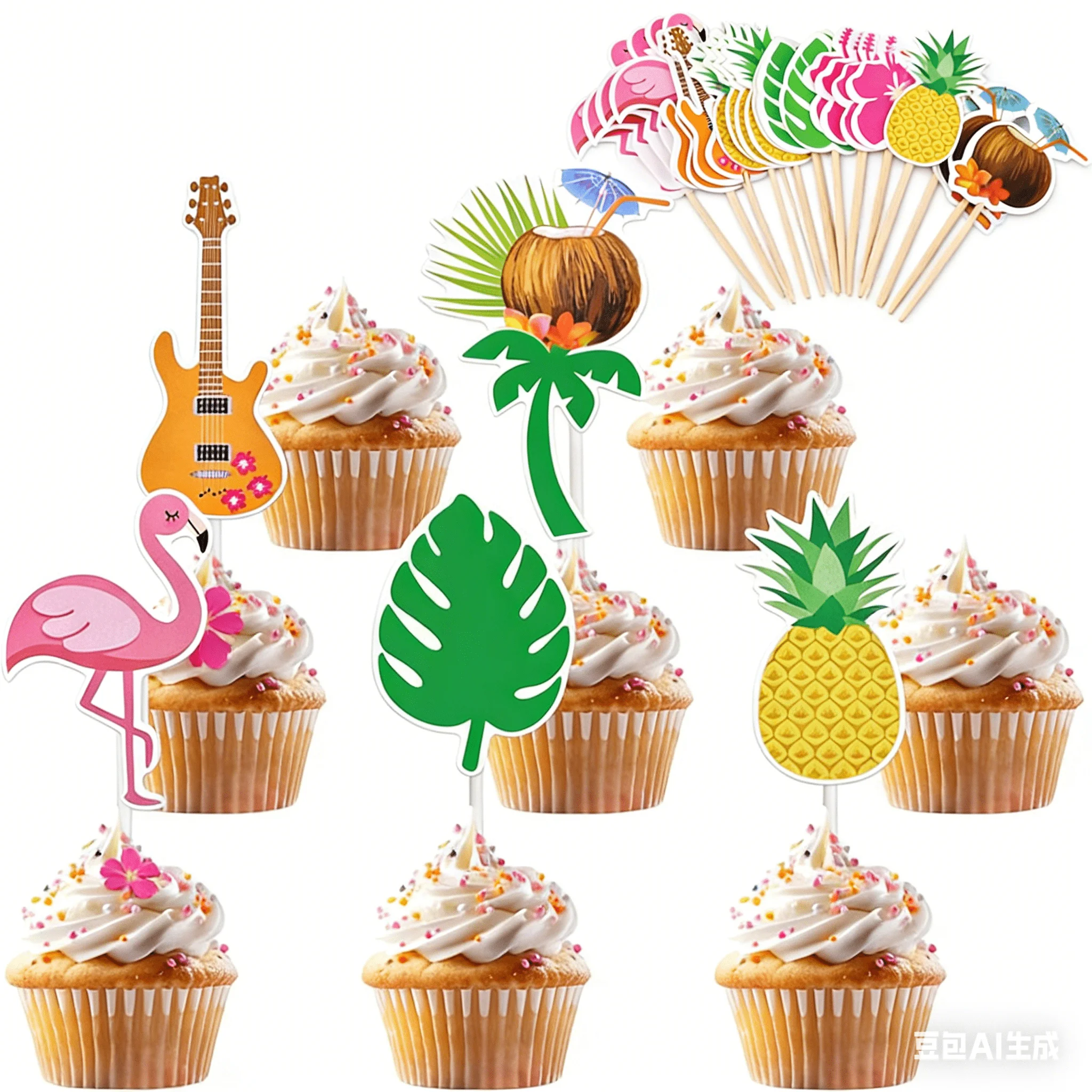 24/48Pcs Tropical Summer Cupcake Toppers Hawaiian Flamingo Pineapple Palm Leaf Flower Cakes Decoration Luau Birthday Part Supply