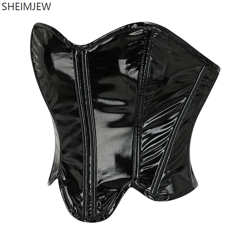 Women Sexy Corset Black Pu Bright Leather Zipper Corsets Gothic Top Navel-exposed Patent Leather Reflective Body Shaping Top New