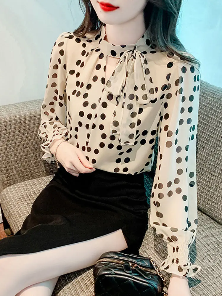 Butterfly Bow Ribbon Shirt Women\'s Trendy Age Reducing Polka Dot Chiffon Top New Style Small Shirt