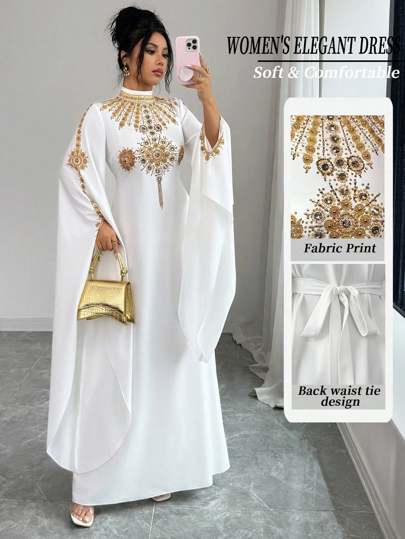 

Elegant White Maxi Dress With Gold Embroidery, Mandarin Collar, Open Sleeves, And Back Waist Tie For Formal Or Casual Wear