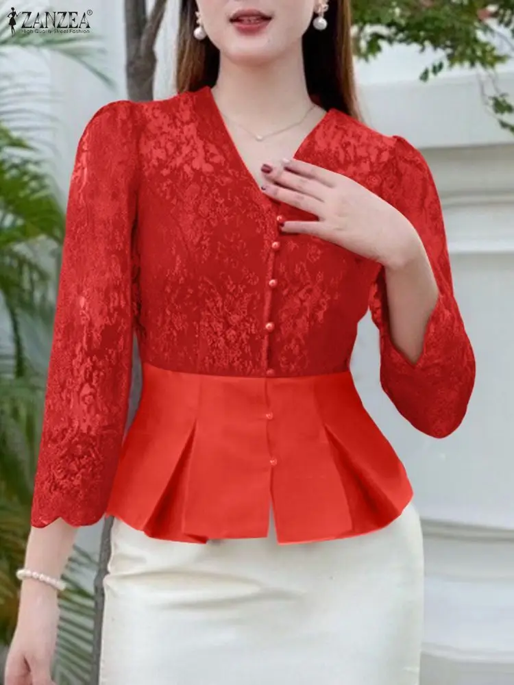 

Элегантные женские блузки ZANZEA 2022, осенняя офисная рубашка с v-образным вырезом, стильные облегающие топы с талией, модные кружевные лоскутные рубашки для вечеринок