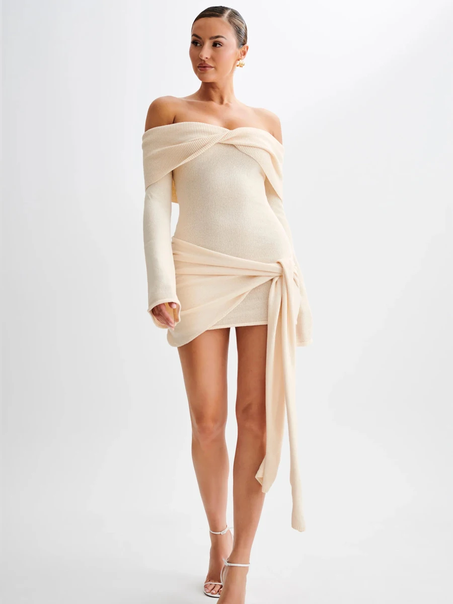 فستان نسائي محبوك مثير بدون أكتاف موضة خريف 2025 فساتين قصيرة بأكمام طويلة أنيقة للحفلات المسائية سيدة Verstido