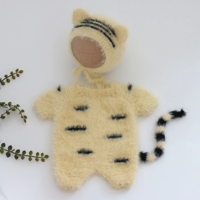 1Set Newborn Photography Props Clothes Tiger Baby Jumpsuit + Hat Kit Knitted Wool Photo Shooting Costume Baby Studio Accessories