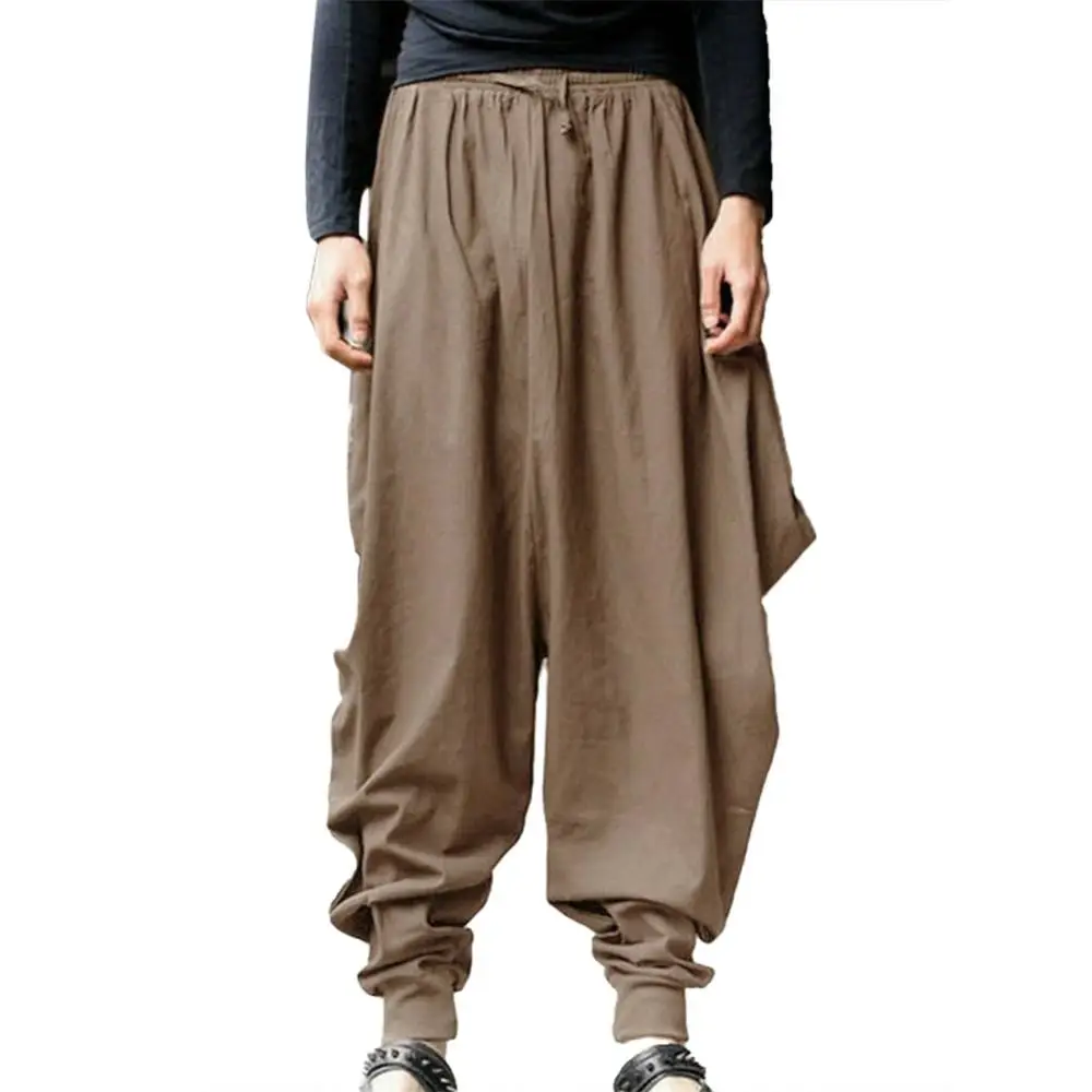 Vintage Hip Hop Men Harem Pants Baggy Harem Pants Soft Drawstring Solid Color Casual Loose Pants Cropped Harem Trousers