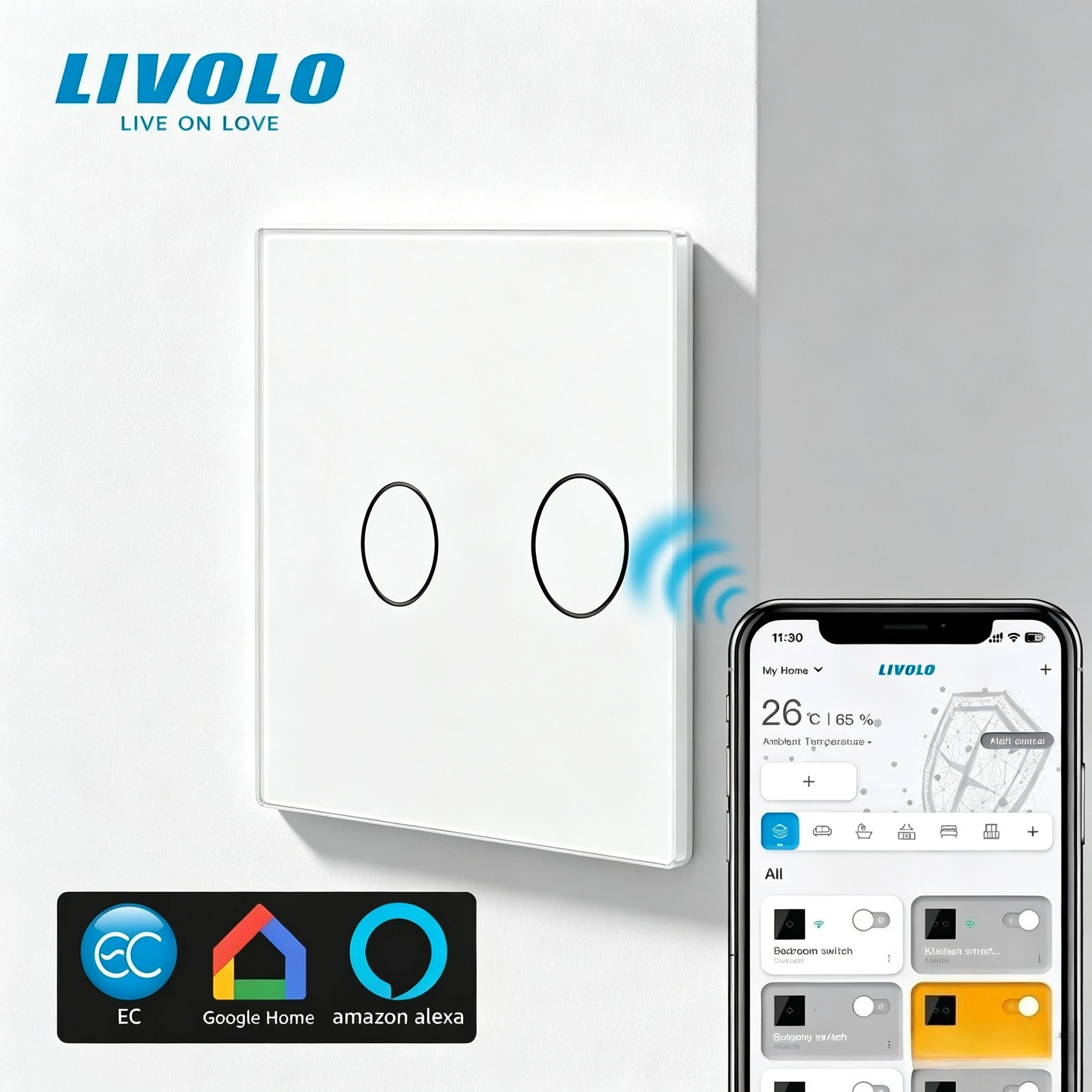 LIVOLO EU Standard EC Smart Switches Voice Control 2.4 GHz WiFi,Tempered Crystal Glass Work with Google Home, Amazon Alexa