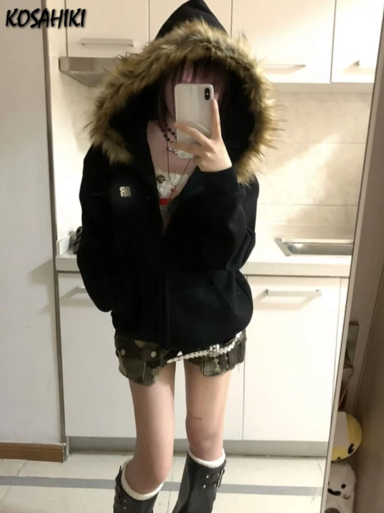 Harajuku Casual Fur Patchwork Hooded Hoodies 2024 Women Y2k Aesthetic Loose Pocket Streetwear Coats Grunge Zipper Sweatshirts