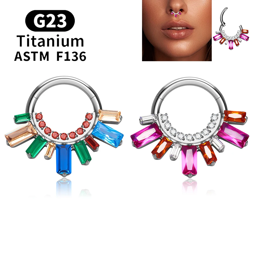 ASTM F136 Titanium Fan-shaped Nose Rings 16G CZ Hinged Septum Clicker Hoop Cartilage Tragus Helix Earrings Piercing Body Jewelry