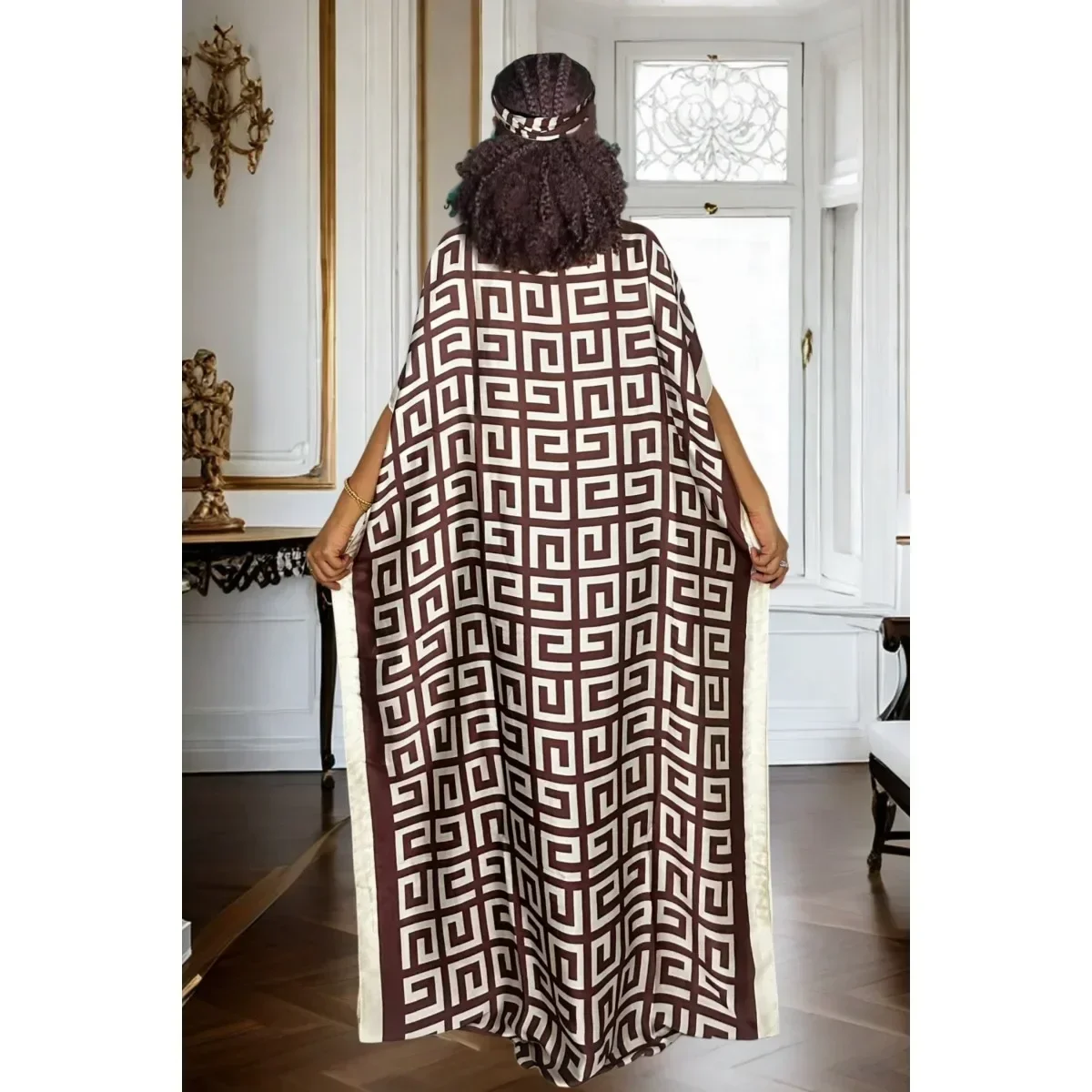 قميص أنيق بغطاء بنمط هندسي كبير الحجم مع وشاح متطابق لجميع المواسم #4