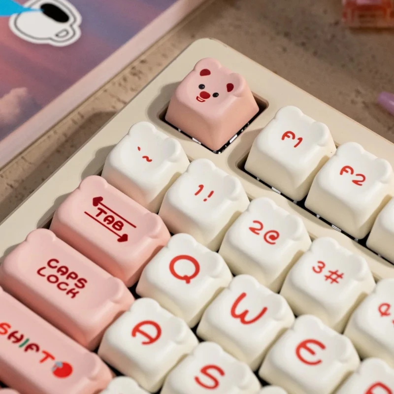 Cute Bear Head Keycap OEM Profile PBT Two-color Injection Molding Mechanical Keyboard Keycaps Sweet Pink Strawberry Bear Key Cap