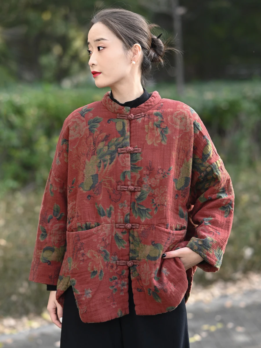 

100% Cotton Women Casual Coats New Arrival 2025 Autumn Chinese Style Vintage Floral Print Loose Female Basics Jackets M2079