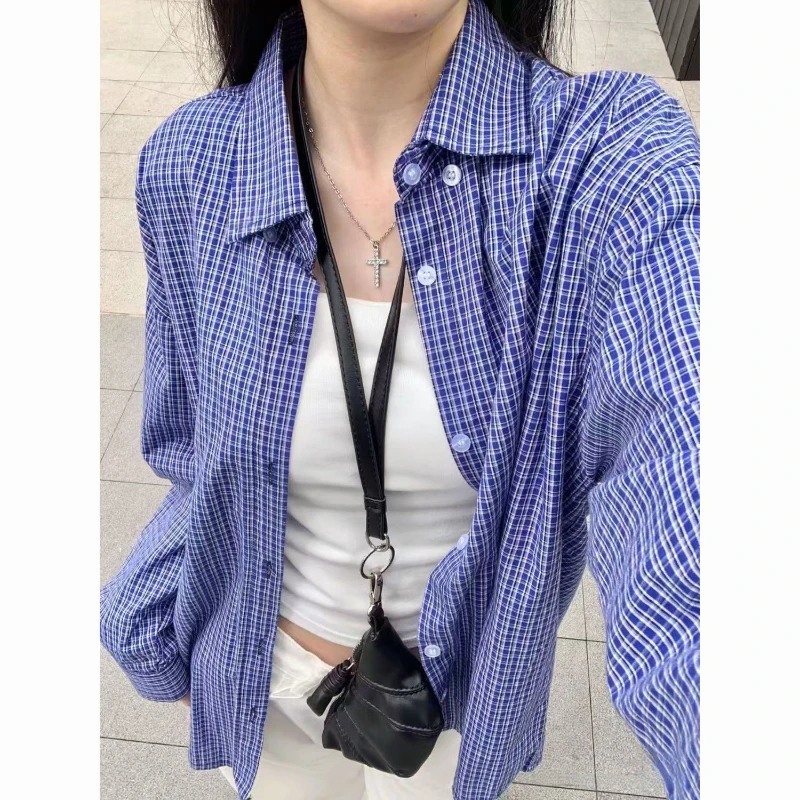 

Blue Plaid Long-sleeved Shirt Jacket Casual Loose New Style Shirt Versatile Top Lazy Style
