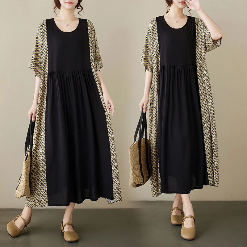 

Summer New plus Size Women's Retro Vintage round Ne ort Sve Dr Color Blo A-Line Midi Dr Commute Sle Cotton D...