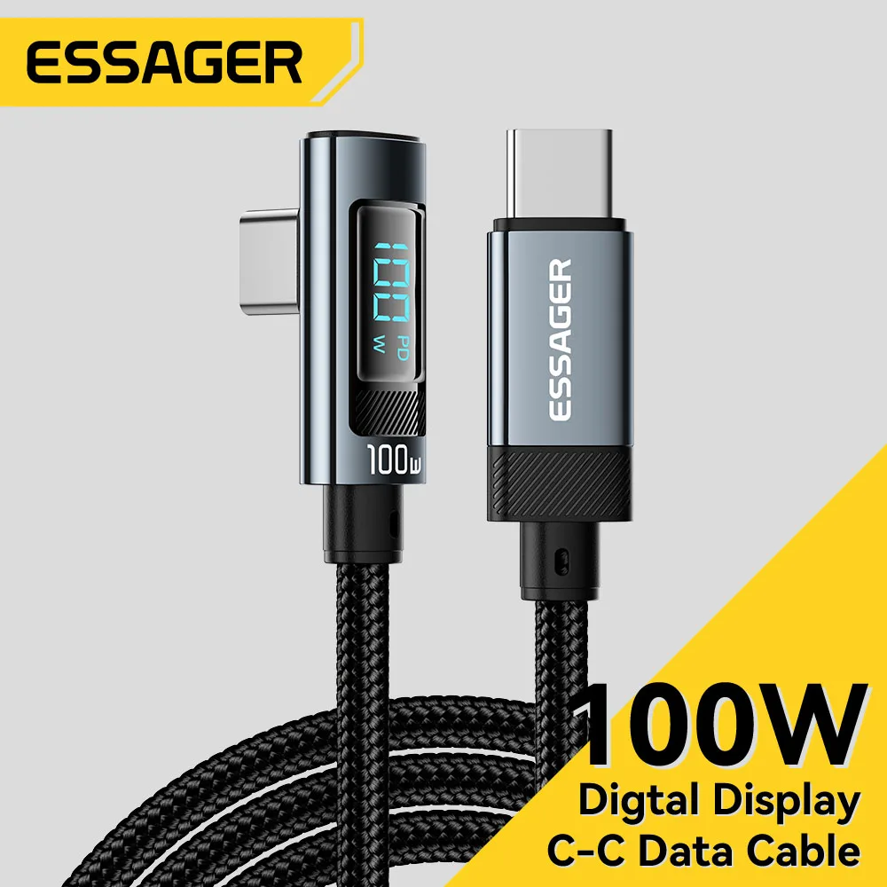 

Essager PD100W USB Type C Cable 90 Degree 5A Fasting Charing For Macbook Xiaomi Samsung Huawei Laptops LED Digital Display Cable