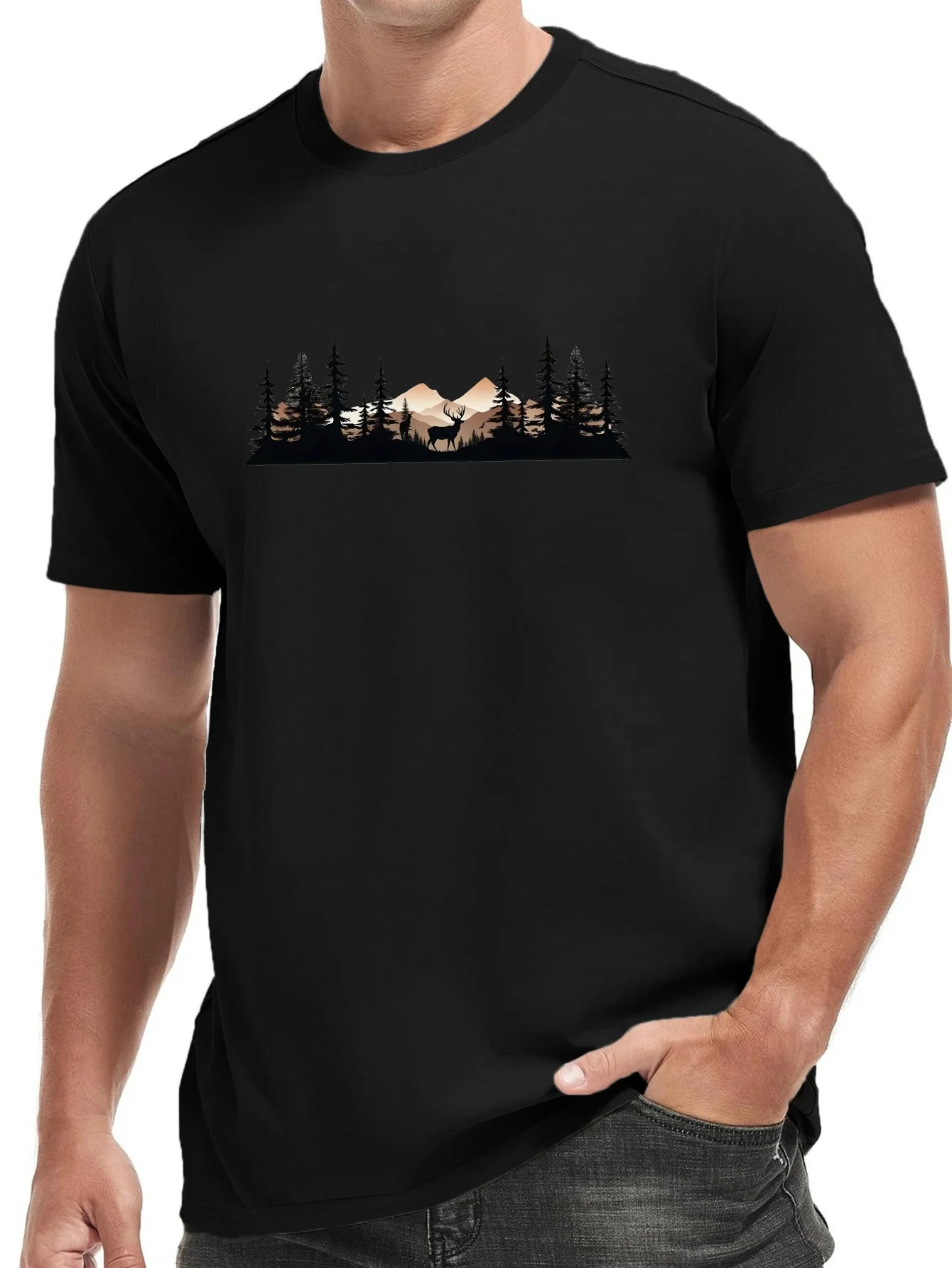 Men's Forest Deer Pattern T-Shirt - Casual Sports Short Sleeve, Breathable Polyester, Machine Washable - Perfect for Summer