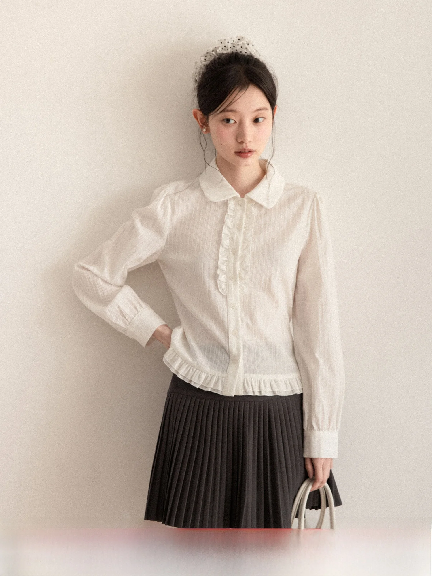 

Retro Wood Grain Long Sleeve Waist Cinched White Shirt Women's Spring Commute Versatile Shirt Casual Style Pure Cotton