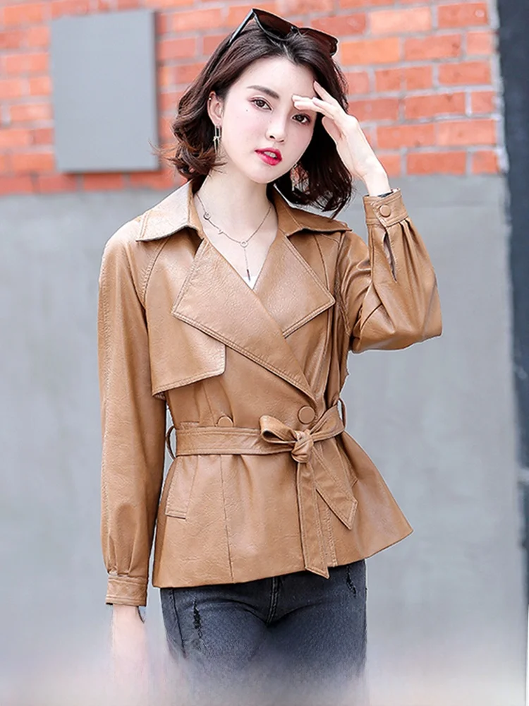 Haining Genuine Leather Jaet Women's Faionable Spring Autumn ort eepskin Coat Belted Slim Fit Single Button Closure