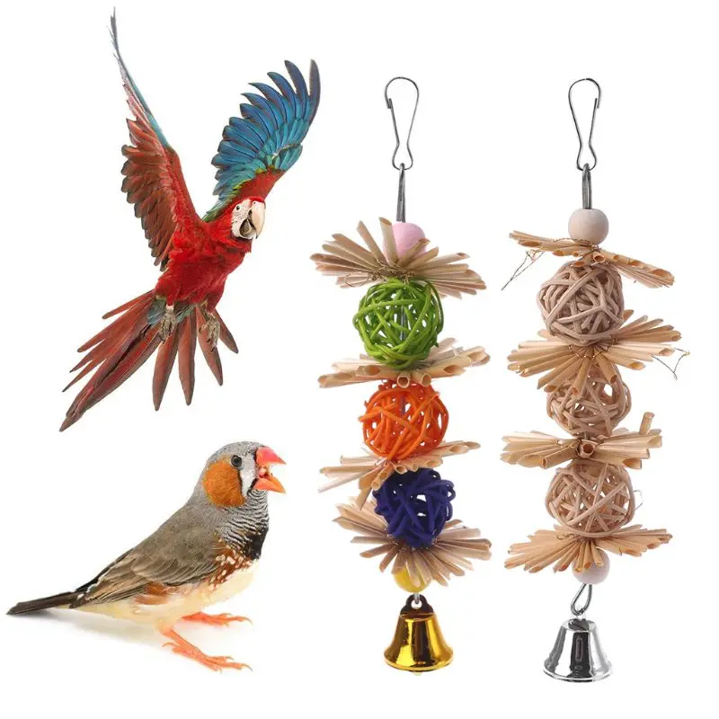 Bird Chew Toy Rattan Balls with Wood Beads Parrot Entertainment for Parakeet Cockatiel Lovebird Mini Macaw