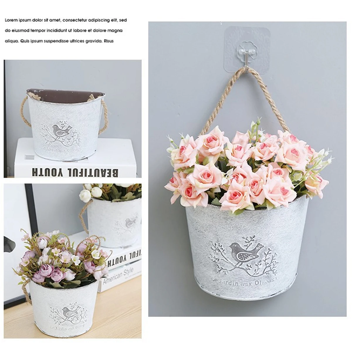Vertical Wall Planter - กระถางดอกไม้โลหะลายวินเทจรูปนก พร้อมหูหิ้วเชือก กระถางปลูกต้นไม้สีขาวสไตล์เรโทร สำหรับตกแต่งผนังบ้านและสวน