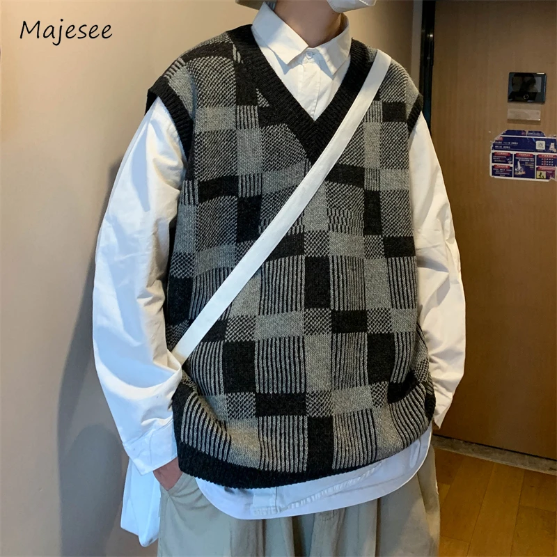 

Plaid Sweater Vest Men Korean Preppy Style Panelled Spring Autumn V-neck Unisex Baggy Aesthetic Prevalent Temperament Knitwear