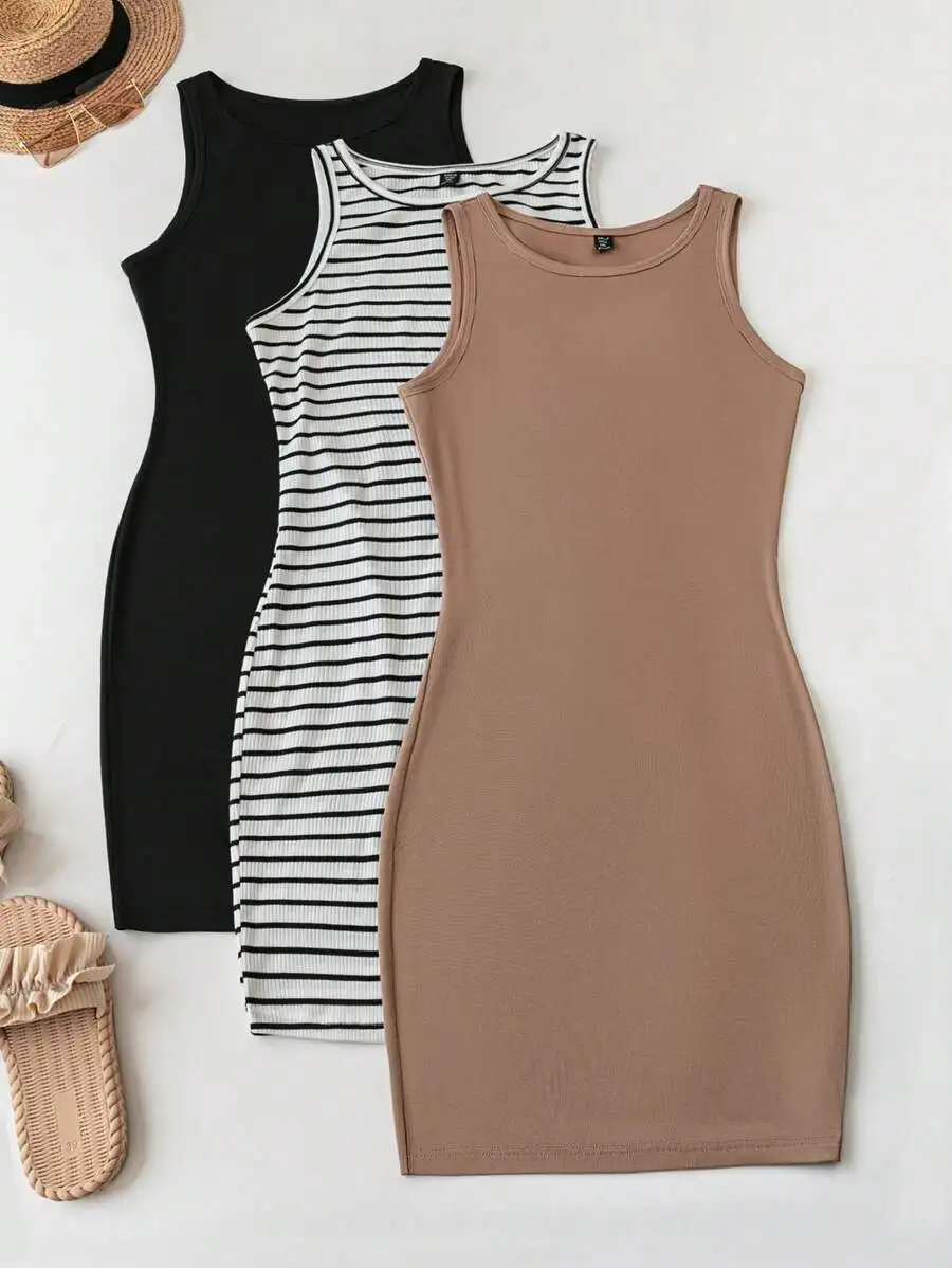 

3-Pack Sleeveless Bodycon Dresses - Black, Stripe, Beige for Summer Casual Wear