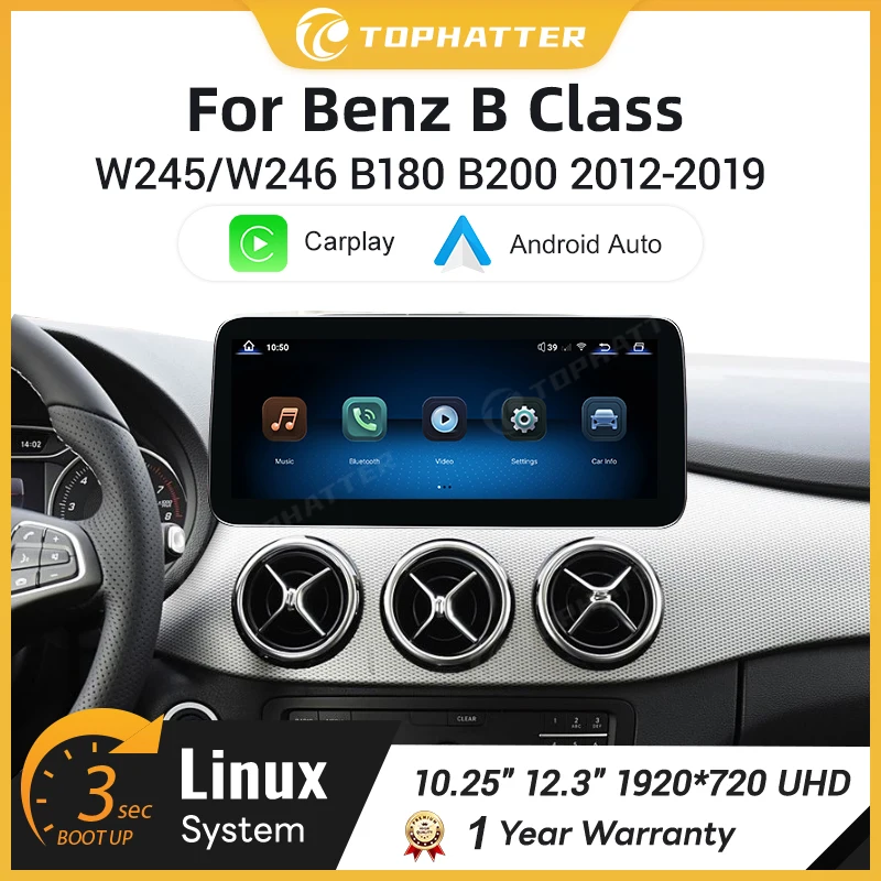 

Wireless CarPlay Android Auto 10.25" 12.3" Screen for Mercedes B Class W245 W246 2012-2019 Linux Multimedia Player Bluetooth