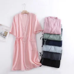 Summer 100% Cotton Gauze Crepe Short Sleeve Robes for Women and Men Solid Bathrobe Loose Soft Japanese-style Kimono Robe 2021