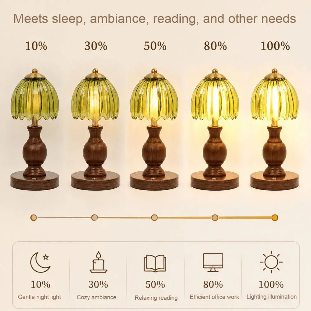 Walnut Wood Tone Retro Glass Table Lamp Soft Warm Light Glass Lampshade Vintage Glass Table Lamp Amber Horizontal Pattern