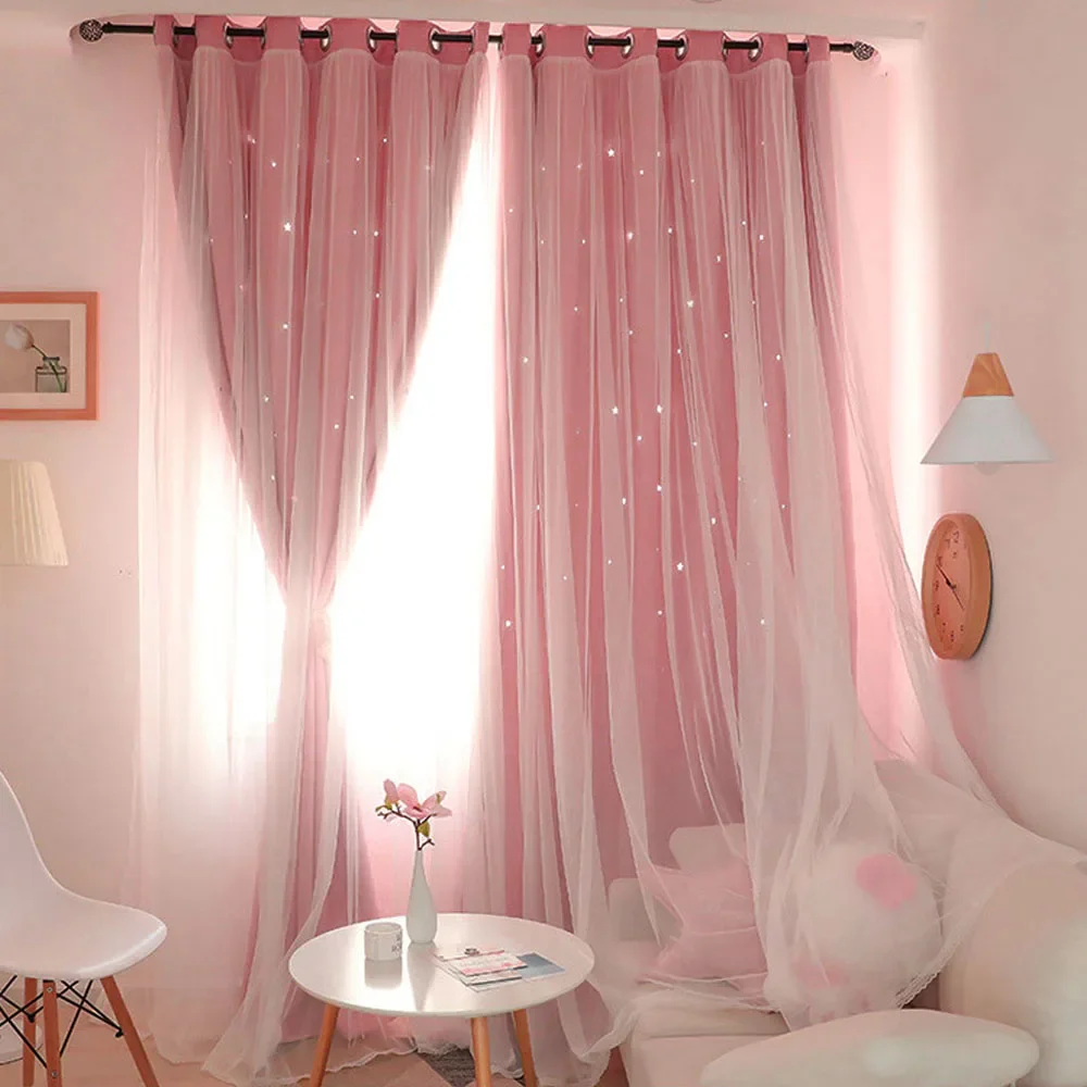 Double Layers Romantic Sheer Kids Children Girls Curtains With Hollow Out Stars For Living Room Bedroom Windows Drapes