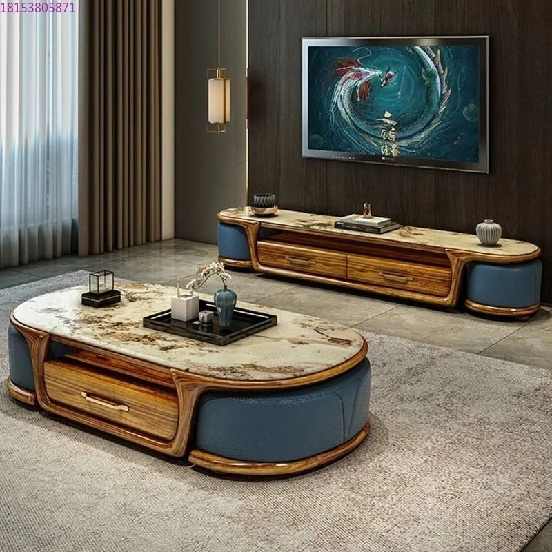 

New ebony marble square coffee table TV cabinet with stool new Chinese light luxury modern simplicity