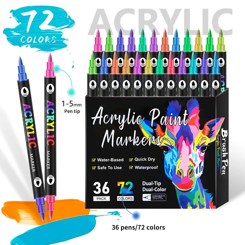 1Set Acrylic Paint Markers Pens Set Dual Nib Double Color Acrylic Paint Markers Sketching Painting Graffiti Markers Art Supplies