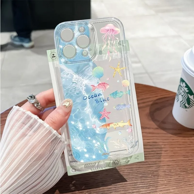 Liangliang Fish Beach Pattern Phone Case For iPhone 15 16 17 Pro Max 17 Air 16E 13 11 12 14 Plus Shockproof Clear Phone Case