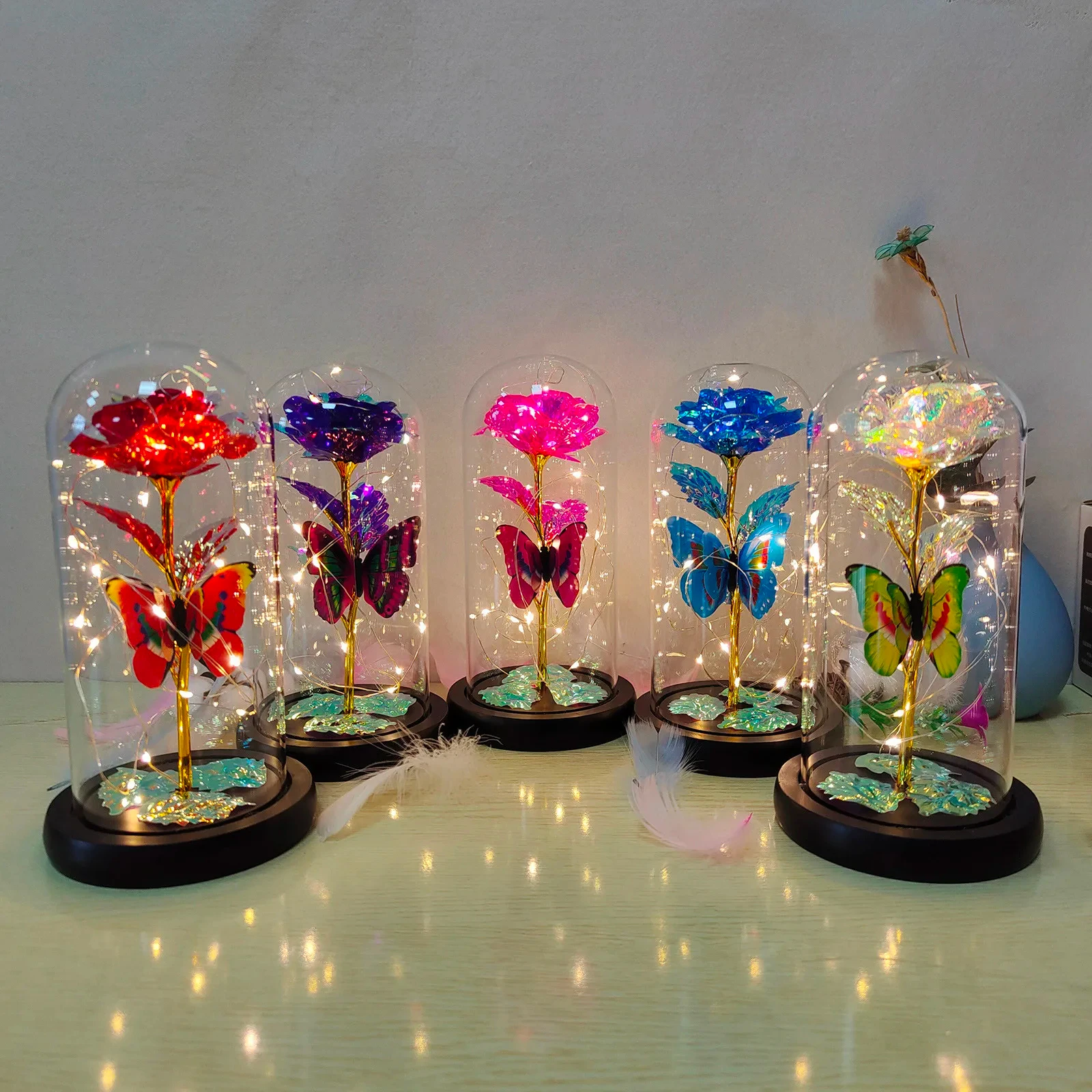 Rose Light Artificial Galaxy Rose Lamp with Butterfly and Colorful LED Rose Flowers In Glass Battery Powered Gifts for Wedding