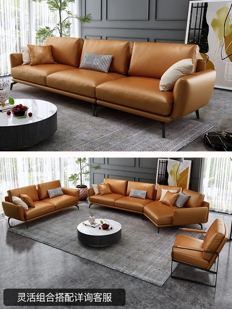 

-Light Luxury Leather Sofa, The First Layer Of Cowhide, Simple Modern Living Room, Italian Minimalist Size Leather Curved Sofa